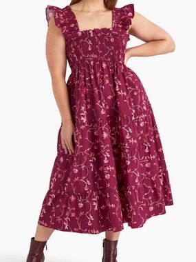 Hill House Ellie nap dress in Burgundy botanical Smocked Midi Dress small